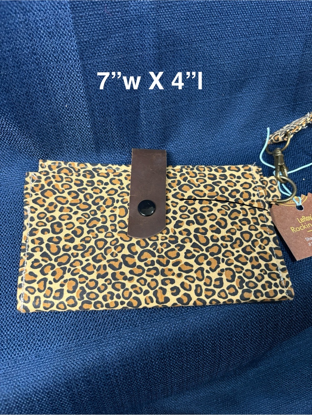 Leopard Print Card Wallet with Brown Snap Strap